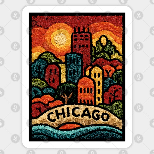 Chicago Neighborhood Folk Art Print | Retro Windy City Brownstones Sticker by TuncGK